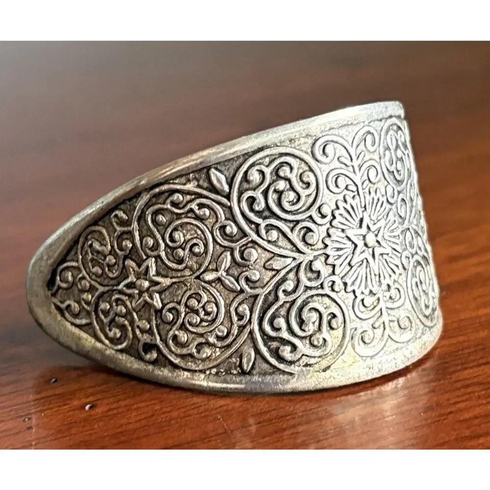 Vtg Silver Tone Ponytail Clip Hair Cuff Ornate Filigree Etched Boho Victorian